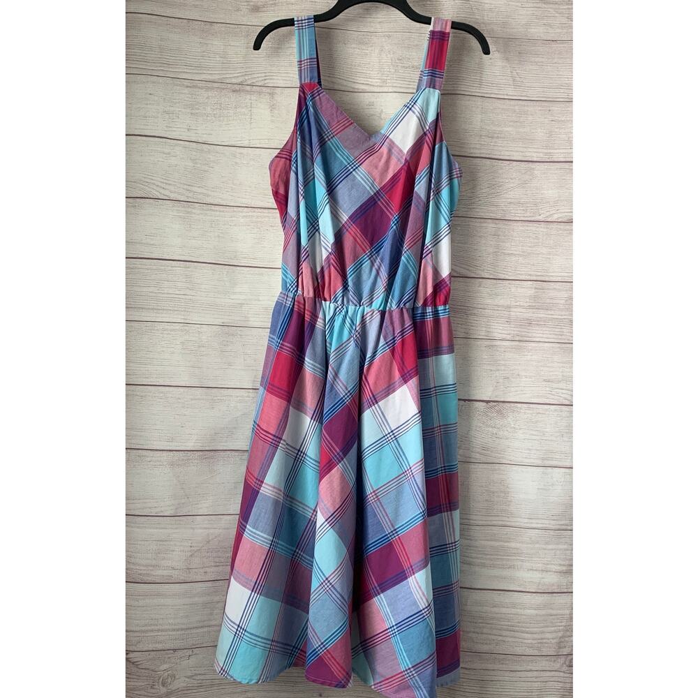 Vintage Blue and Pink Plaid Tank Top Midi Sundress with Adjustable Straps